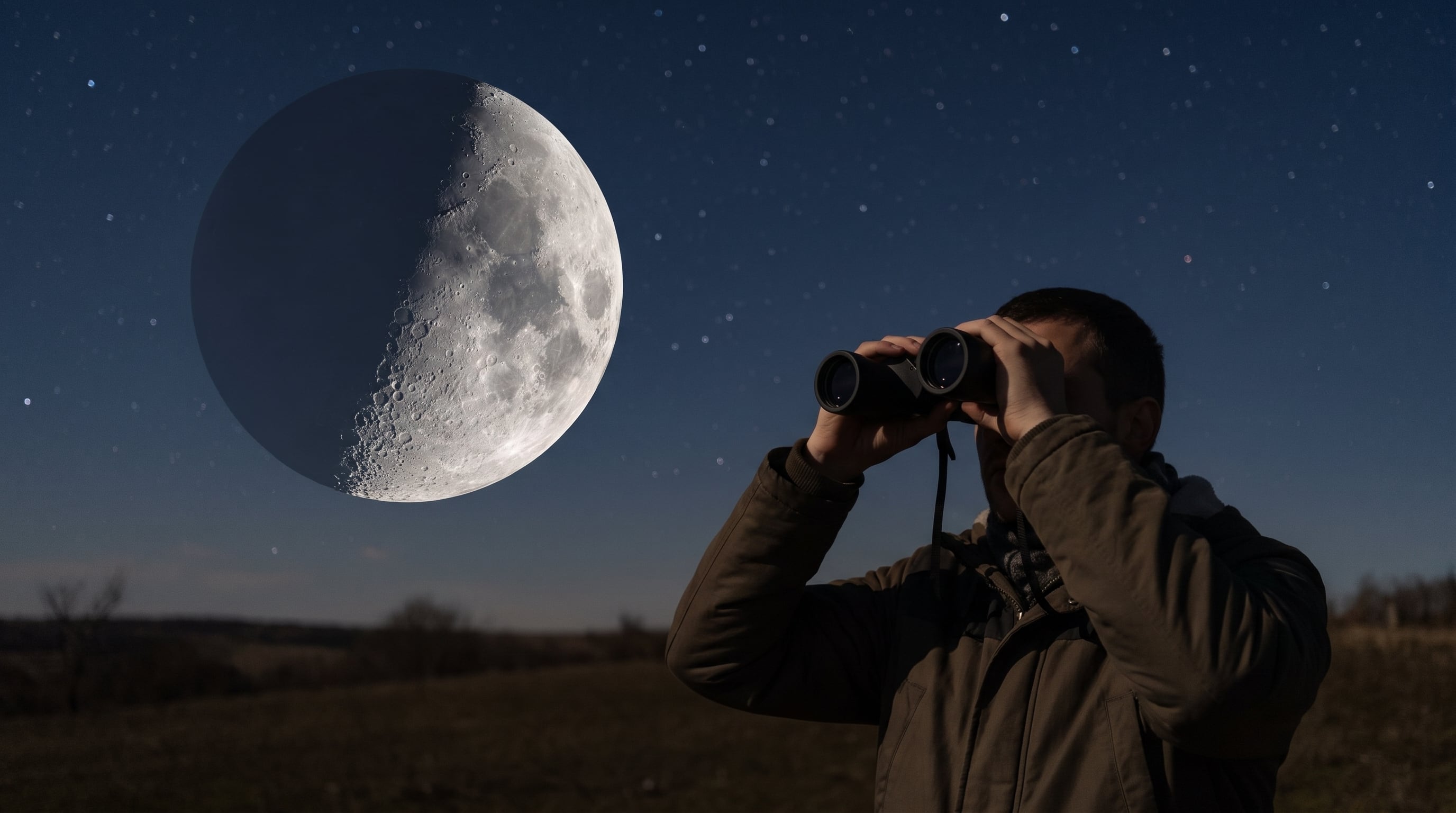 Un hombre observa la Luna en fase de cuarto menguante a través de unos binoculares durante la noche. (Imagen Ilustrativa Infobae)