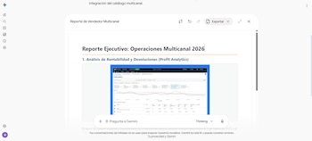 Captura de pantalla de un documento digital titulado Reporte Ejecutivo con gráficos de ventas y un cuadro de diálogo inferior
