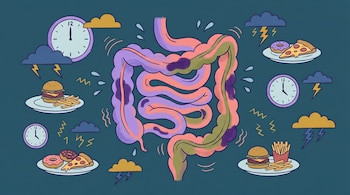 Ilustración de un intestino central con signos de malestar, rodeado de comida chatarra, relojes de medianoche y nubes de estrés, sobre un fondo azul oscuro.
