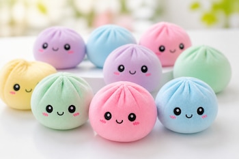 Colección de peluches redondos en tonos pastel con caritas sonrientes sobre una superficie clara.