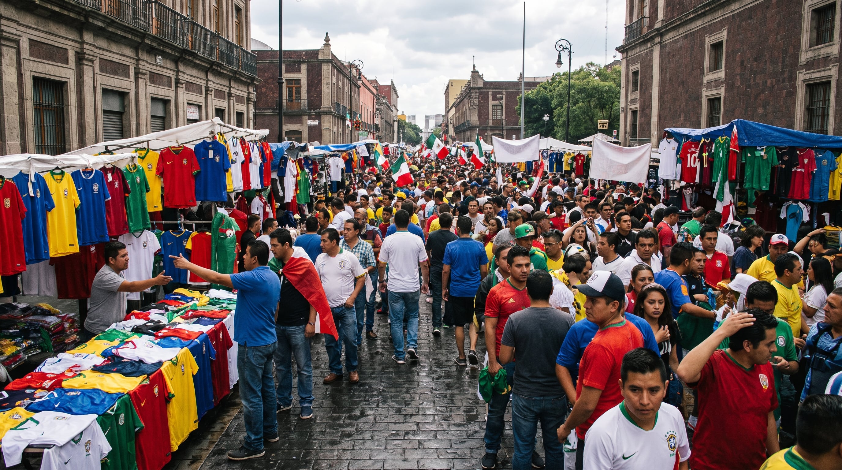 Una calle histórica de la Ciudad de México congrega a una multitud de aficionados que buscan camisetas de fútbol en puestos ambulantes durante la antesala de un torneo internacional. (Imagen Ilustrativa Infobae)