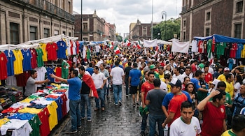Vista amplia de una calle concurrida con personas, puestos de venta de camisetas de fútbol y banderas, flanqueada por edificios de época.