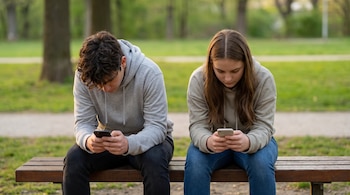Dos adolescentes sentados en un banco de madera al aire libre, mirando sus teléfonos móviles. El entorno es un parque con césped y árboles.