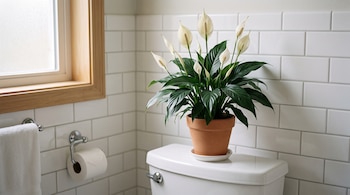 Una planta de espatifilo con flores blancas en una maceta de barro sobre el tanque de un inodoro frente a una pared de azulejos.
