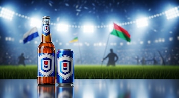 Una botella de cerveza ámbar con gotas y una lata azul, ambas con logo de escudo blanco y azul. Fondo difuso de estadio con luces, banderas y público.