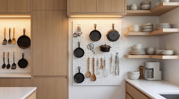 Pared de cocina con armarios de madera, estantes con cuencos de cerámica y dos paneles perforados blancos donde cuelgan sartenes y utensilios.