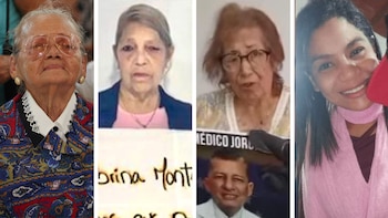 Cuatro retratos de mujeres venezolanas: tres mujeres mayores y una joven sonriendo, algunas sosteniendo pancartas con texto parcialmente visible