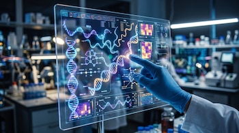 Una mano con guante azul toca una pantalla transparente iluminada con diagramas de cadenas de ARN y gráficos en un laboratorio.