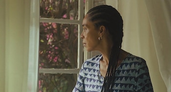 Primer plano de perfil de una mujer con trenzas, aretes dorados y blusa estampada azul y blanca, mirando por una ventana hacia follaje rosado