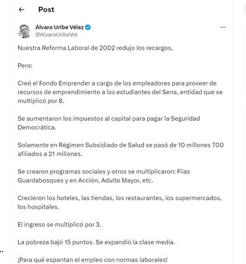 Álvaro Uribe destacó su reforma