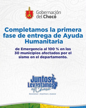 Chocó completó la primera fase de ayuda humanitaria de emergencia para las familias damnificadas por el sismo de magnitud 7,4 del 10 de agosto - crédito @NubiaCarolinaCC / X