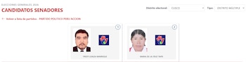 Captura de pantalla mostrando candidatos al Senado por Cusco para Elecciones Generales 2026, con fotos de Fredy Loaiza Manrique y Maria de la Cruz Taipe