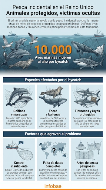 Infografía que muestra delfines, ballenas, focas, aves marinas, tiburones y rayas atrapados en redes de pesca, con datos sobre bycatch en el Reino Unido.