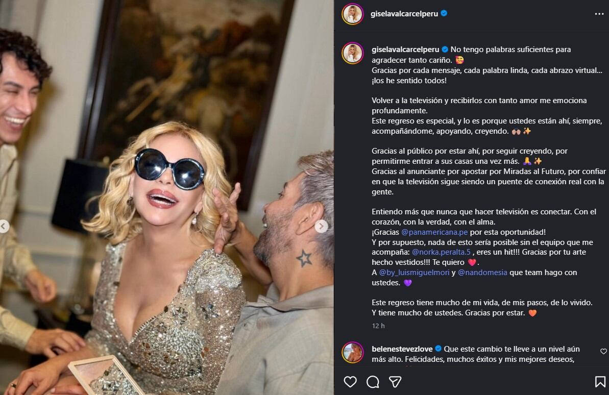 Gisela Valcárcel vuelve a Panamericana TV y envía mensaje contundente: “Entiendo más que nunca que hacer TV es conectar”. Infobae Perú / Captura: IG