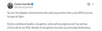 Carlos Carrillo cuestionó el cambio de pensamiento de Cathy Juvinao sobre la salud en Colombia - crédito @CarlosCarrilloA/X