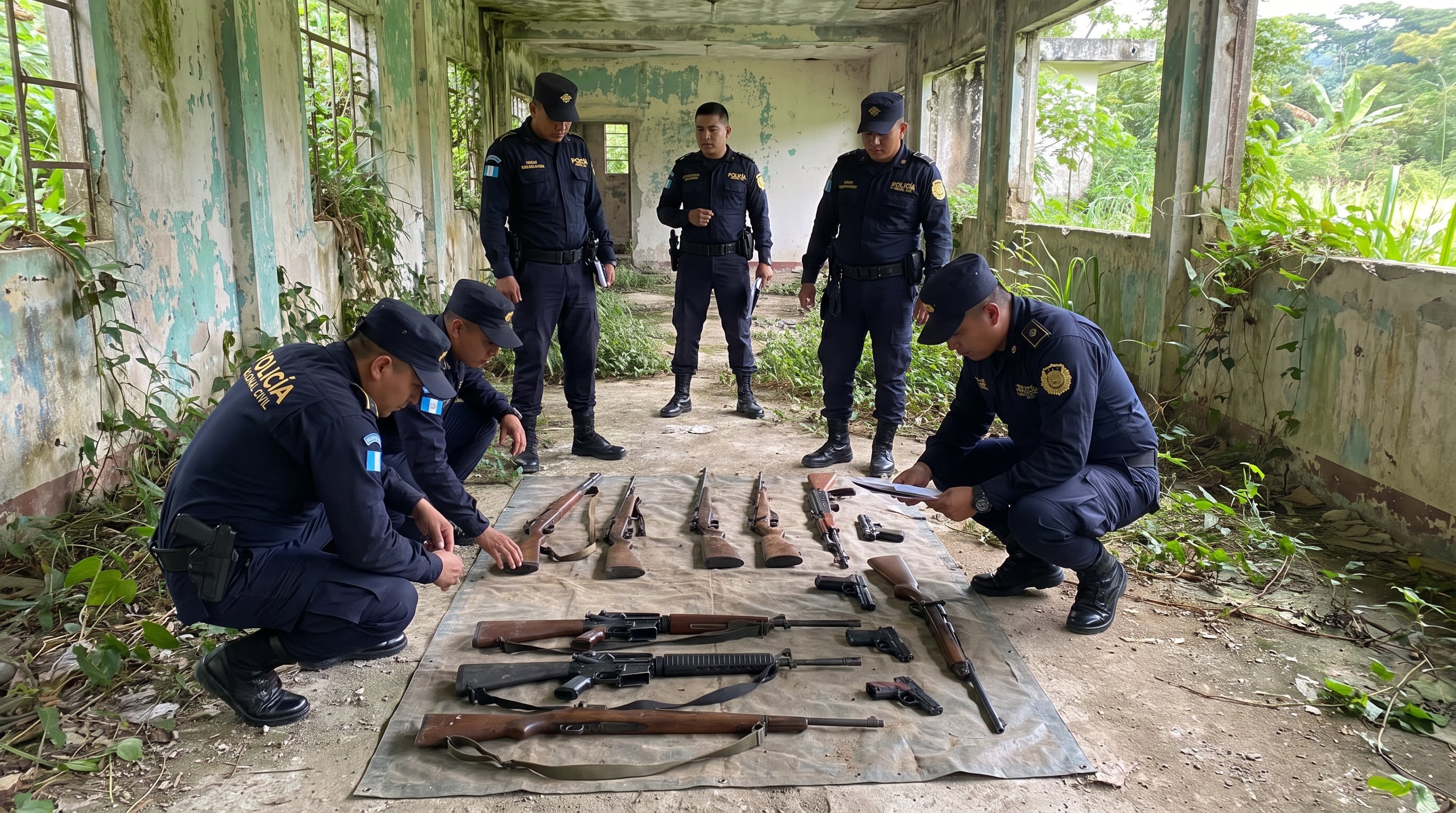Agentes de la Policía Nacional Civil de Guatemala inspeccionan once armas de fuego incautadas en un inmueble abandonado de Sipacate, Escuintla. (Imagen Ilustrativa Infobae)