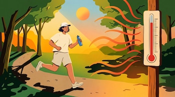 Ilustración de una persona corriendo con una botella de agua por un parque arbolado junto a un termómetro con nivel alto y ondas de calor.