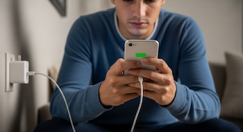 Hombre sostiene un teléfono móvil conectado a un cargador de pared. La pantalla del teléfono muestra un ícono de batería cargando.