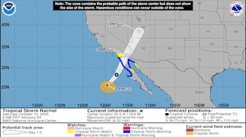 Mapa meteorológico con cono de trayectoria sobre el océano Pacífico, la península de Baja California y el oeste de Estados Unidos.