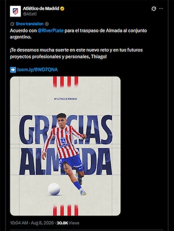 Un post de X del Atlético de Madrid anuncia el traspaso de Thiago Almada a River Plate. La imagen muestra al jugador con un balón y el texto "Gracias Almada"