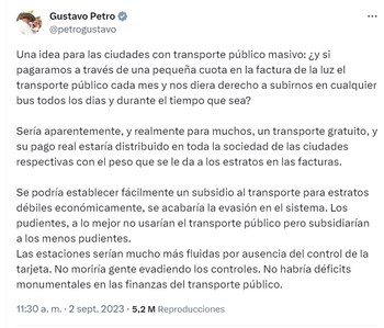 Publicación del presidente Gustavo Petro
