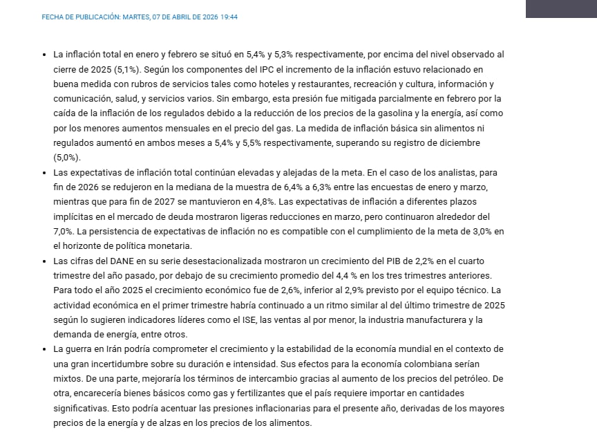 Minutas publicadas por el Banco de la República - crédito Banco de la República