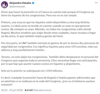 Alejandra Omaña cuestionó el gasto y el simbolismo de la investidura fuera de Bogotá - crédito @aleomanao/X