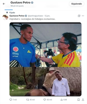 Post de Gustavo Petroen su cuenta de X, en contra de Yerry Mina - crédito X