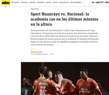 Información de ABC sobre el Sport Huancayo vs Nacional de Paraguay.