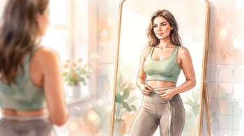 Ilustración acuarela de una mujer midiéndose la cintura con una cinta métrica, de pie frente a un espejo que muestra su reflejo.