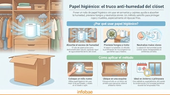 Infografía ilustra el uso de papel higiénico como deshumidificador en un armario. Muestra un rollo absorbiendo humedad, y paneles sobre cómo aplicarlo y sus beneficios.