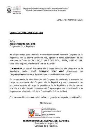 Oficio remitido a José Jerí.