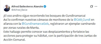 Alfred Ballesteros afirmó que el registro aporta datos sobre los desplazamientos de la especie y fortalece la protección del entorno natural - crédito @Alfred_Balle/X