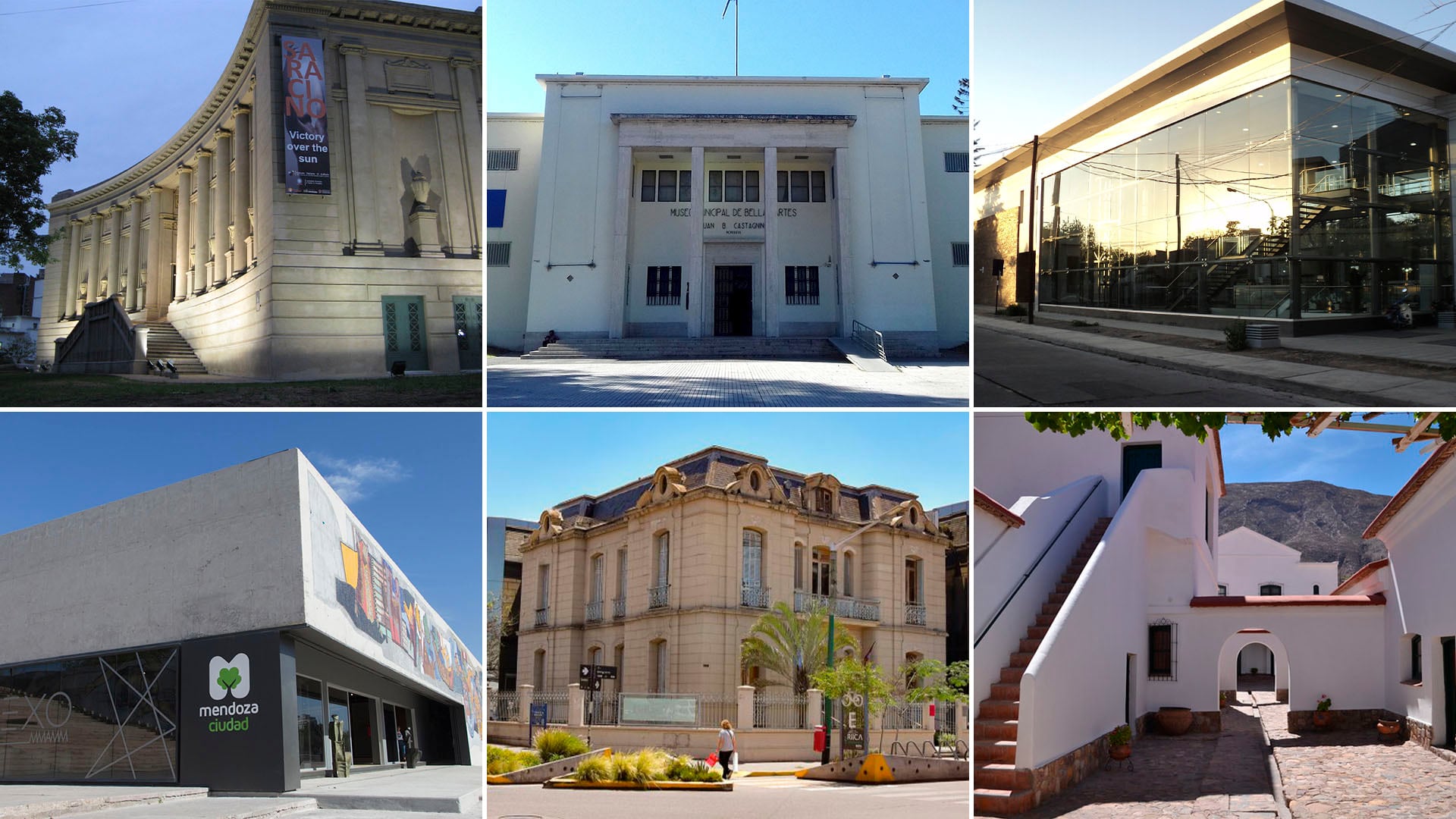 Arriba: Museo Emilio A. Caraffa (Córdoba), Museo Castagnino (Rosario), Museo Franklin Rawson (San Juan) Abajo: Museo Municipal de Arte Moderno (Mendoza), Museo Bellas Artes Lola Mora (Salta), Museo Terry (Jujuy)