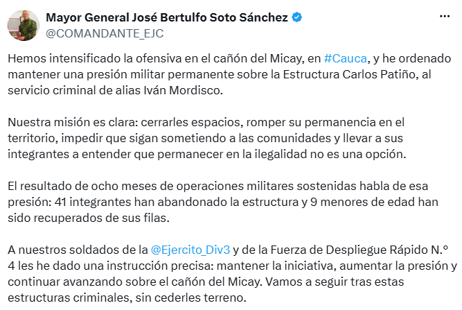 El general José Bertulfo Soto Sánchez informó que 41 integrantes de la estructura han abandonado sus filas y que nueve menores de edad han sido recuperados. - crédito @COMANDANTE_EJC/X