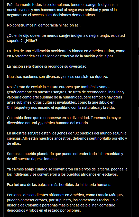 Gustavo Petro lanzó una crítica a quienes asumen superioridad por el color de piel o el linaje - crédito @petrogustavo/X