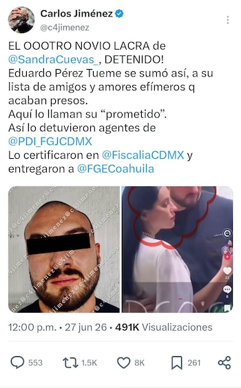 Captura de pantalla de un tuit de Carlos Jiménez. Texto y dos fotos. Hombre con barba y ojos cubiertos. Mujer de perfil y hombre detrás