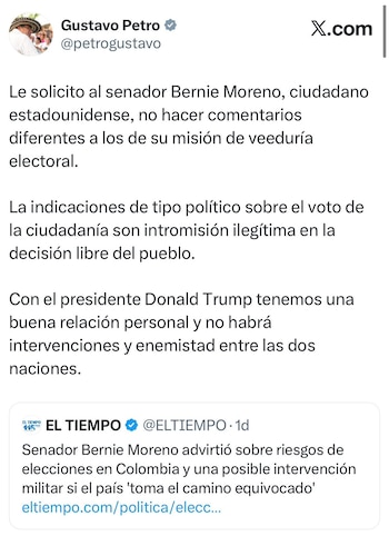 Petro responde a las declaraciones de Moreno reiterando que la ciudadanía colombiana debe tomar decisiones libres de presiones externas - crédito X