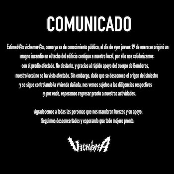 Comunicado de Vichama en Facebook.
