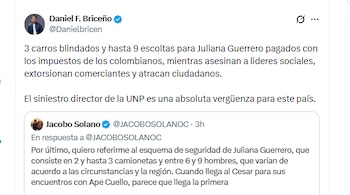 El exconcejal y congresista electo Daniel F. Briceño criticó al director de la UNP, Augusto Rodríguez, por otorgar un esquema de seguridad a Juliana Guerrero - crédito @Danielbricen/X