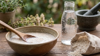 Un tazón con líquido blanco y una cuchara de madera, una botella de agua con gas, un saco con arroz molido, un mortero y plantas en el fondo.