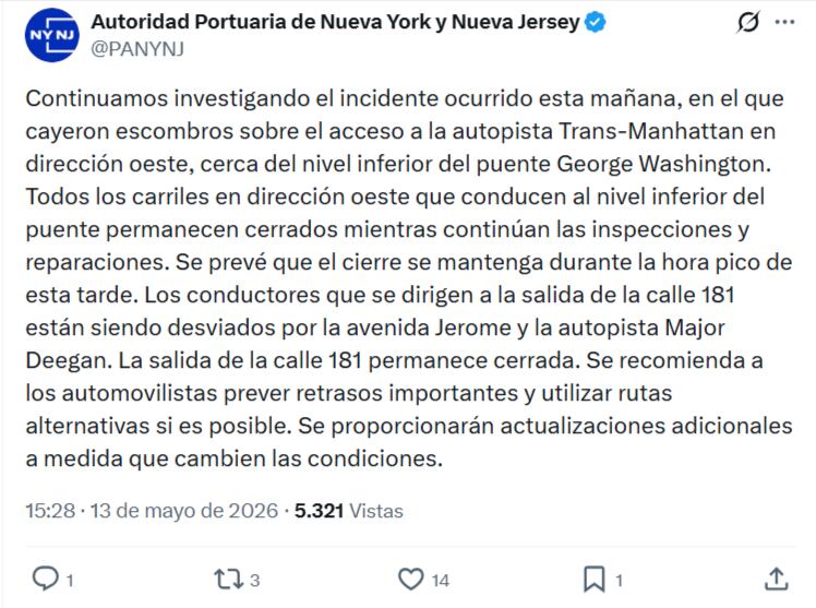 A través de su red social X, las autoridades de la Port Authority indicaron que el incidente ocurrido continúa en investigación y recomendaron a los automovilistas ir por otros caminos. Fuente: X @PANYNJ