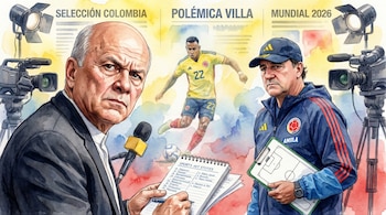 Ilustración acuarela de Carlos Antonio Vélez con micrófono y Néstor Lorenzo con pizarra, en debate sobre Sebastián Villa en camiseta de Colombia, con fondo de medios.