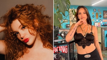 Collage de dos mujeres: una pelirroja con labios rojos; la otra con cabello oscuro, collares, tatuajes, y un cartel de piercing detrás.