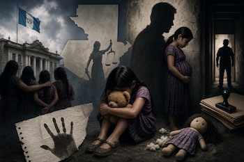 Una niña sentada abraza un peluche junto a una joven embarazada, la bandera de Guatemala, el mapa del país y la silueta de un hombre.