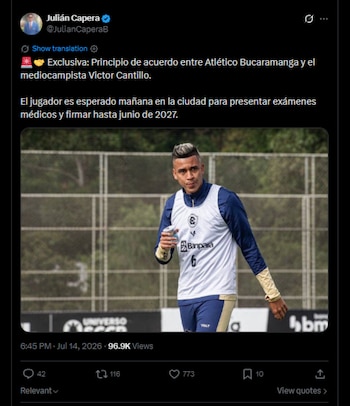 Atlético Bucaramanga alcanzó un principio de acuerdo con Víctor Cantillo para la Liga BetPlay 2026-II-crédito @JulianCaperaB/X