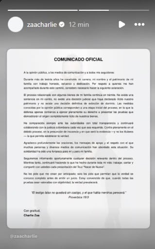 El cantante emitió un comunicado en el que hizo algunas precisiones sobre el proceso que adelanta la Fiscalía en su contra - crédito @zaacharlie/Instagram