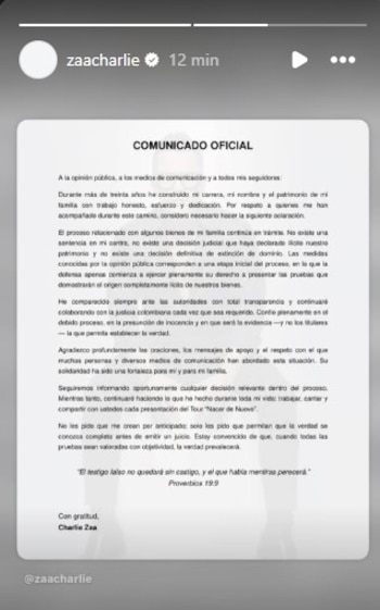 El cantante emitió un comunicado en el que hizo algunas precisiones sobre el proceso que adelanta la Fiscalía en su contra - crédito @zaacharlie/Instagram