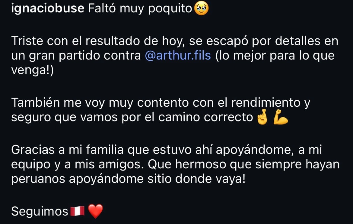 Ignacio Buse y su publicación tras su derrota ante Arthur Fils. Crédito: Captura Instagram.