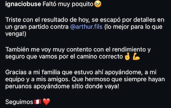 Ignacio Buse y su publicación tras su derrota ante Arthur Fils. Crédito: Captura Instagram.